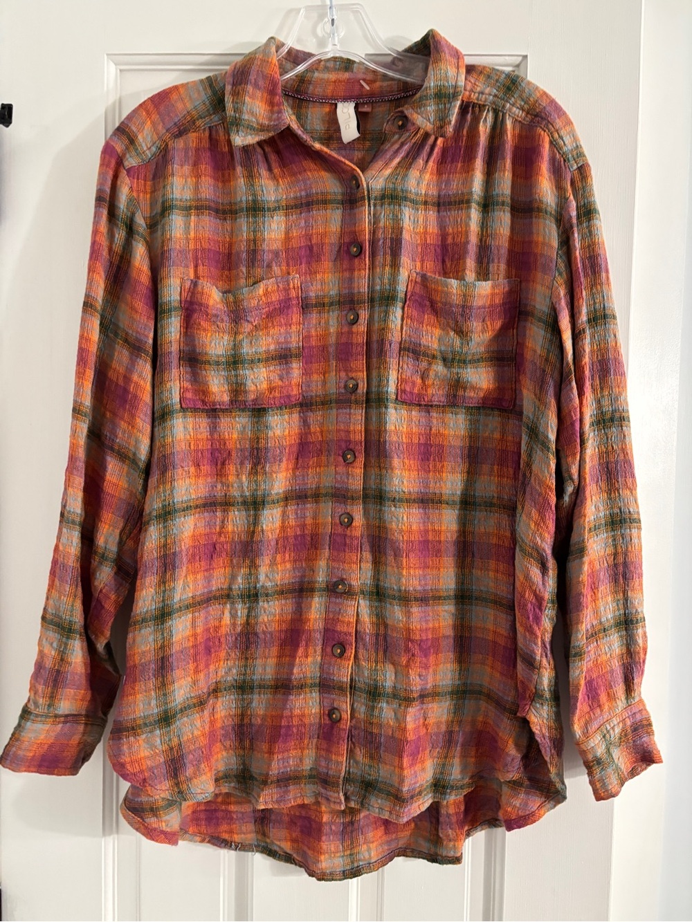 Pilcro Anthropologie Orange Red Plaid Crinkle Button Down Shirt - Small